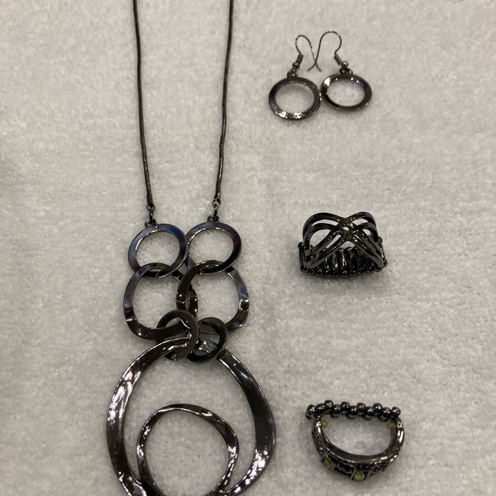 Earrings necklace rings gun metal